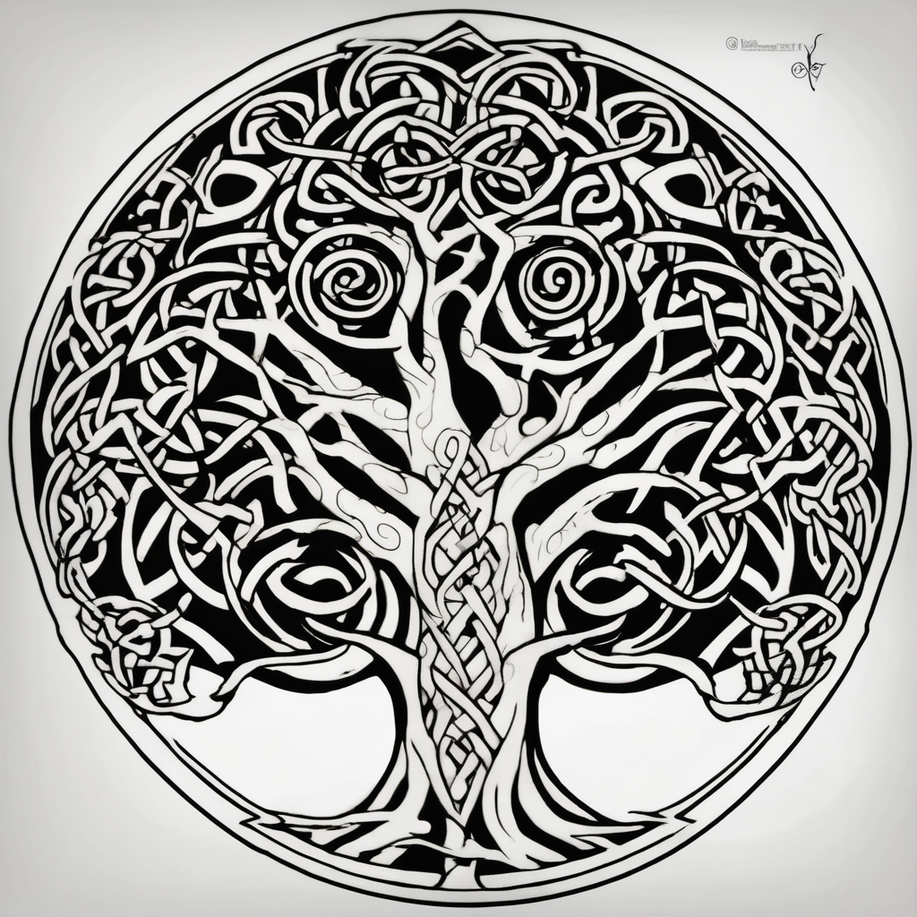 Irish shoulder tattoo, that is non-religious and has a Celtic tree floral sleeve tattoo(AIが生成した和彫りスタイルのタトゥーデザイン)
